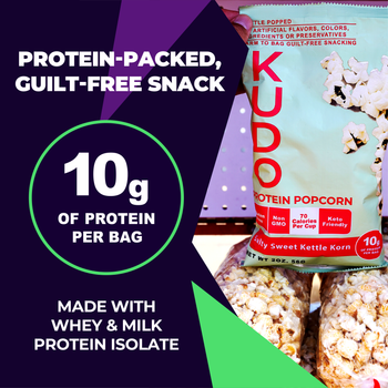 KUDO protein popcorn is packed with 10g of protein per bag