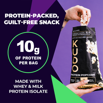 KUDO protein popcorn is packed with 10g of protein per bag